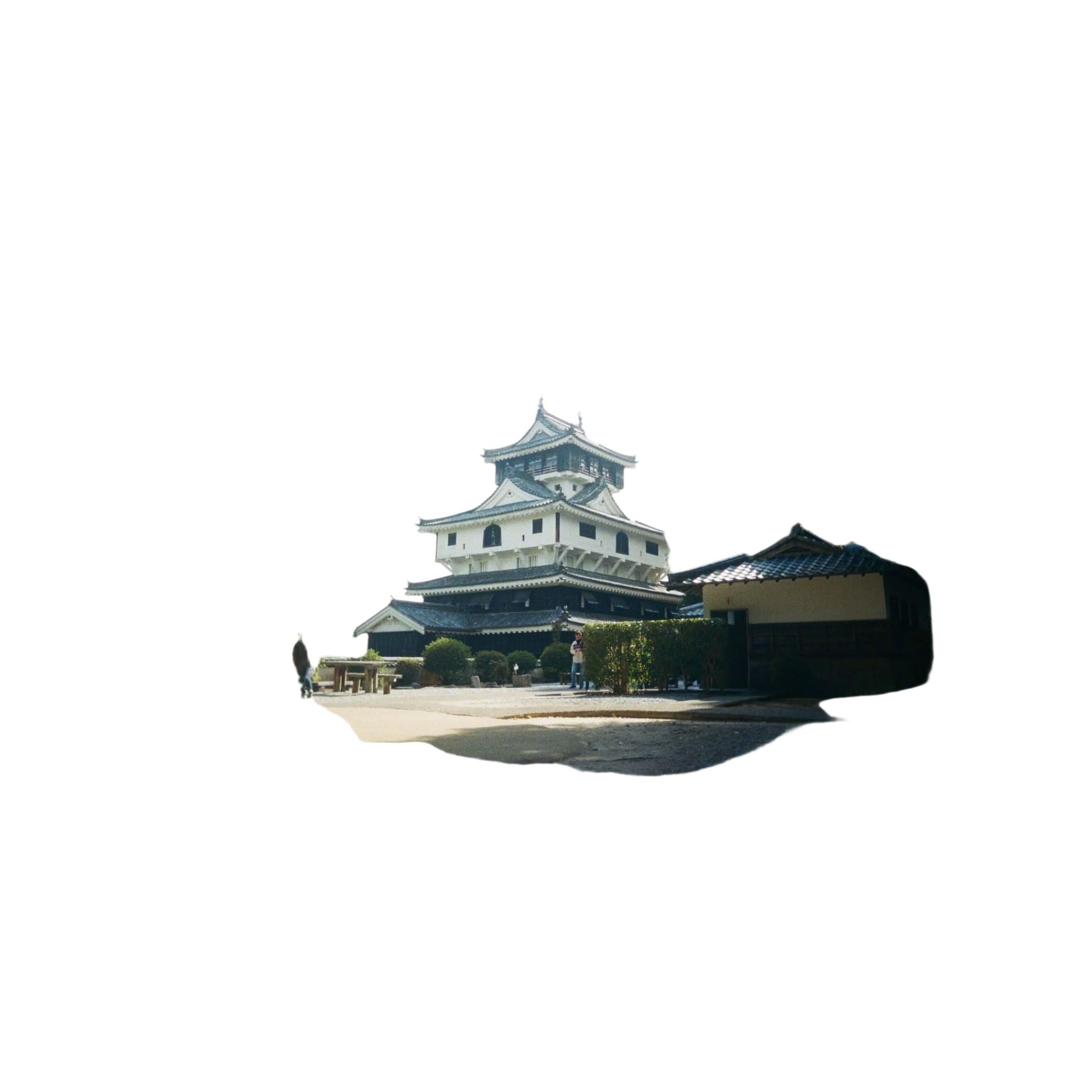 The main object is a traditional japanese castle with white walls, dark wooden accents, and multiple tiered roofs.