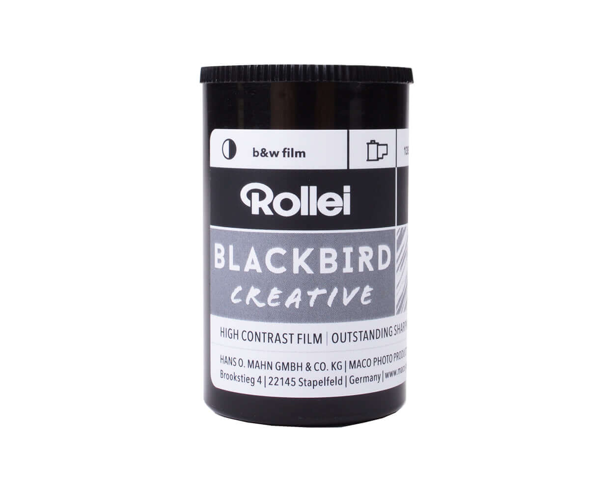 Rollei BLACKBIRD Creative 35mm black and white film canister, high contrast and outstanding sharpness.