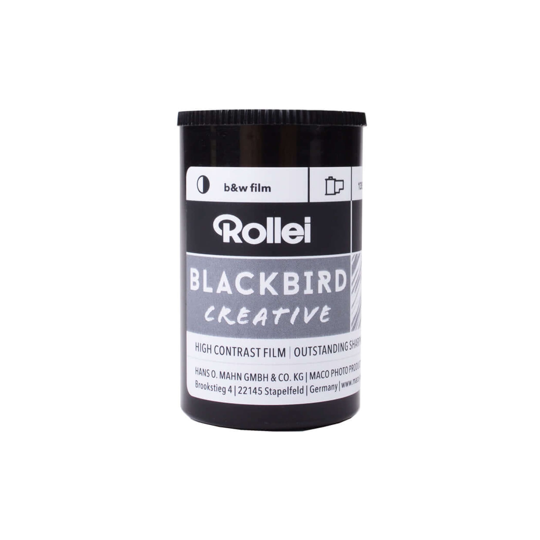 Black cylindrical canister of rollei blackbird creative high contrast black and white film.