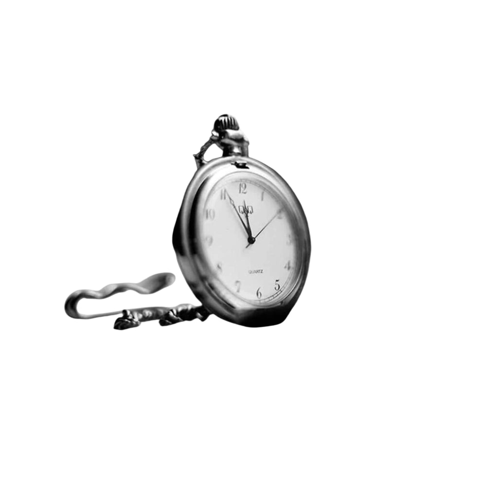 Silver-toned pocket watch with a classic round face, white dial marked by black numerals and hands, attached to an ornate chain.