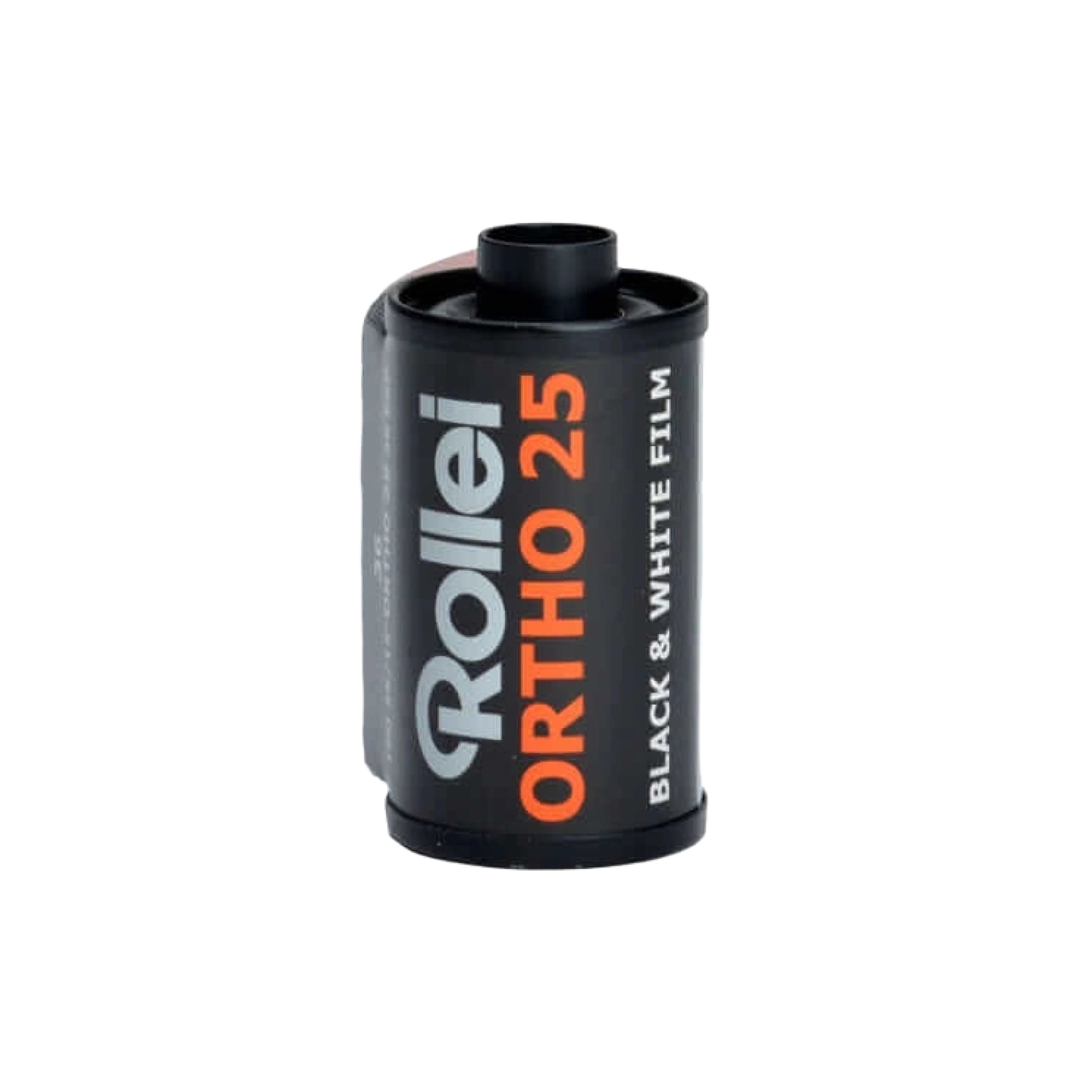 Black rollei ortho 25 black and white film canister with orange and silver text.
