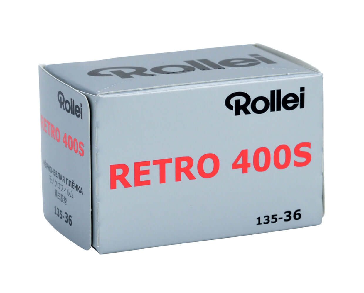 Rollei Retro 400S BW 35mm film box, high sensitivity ISO 400, ideal for low-light photography.