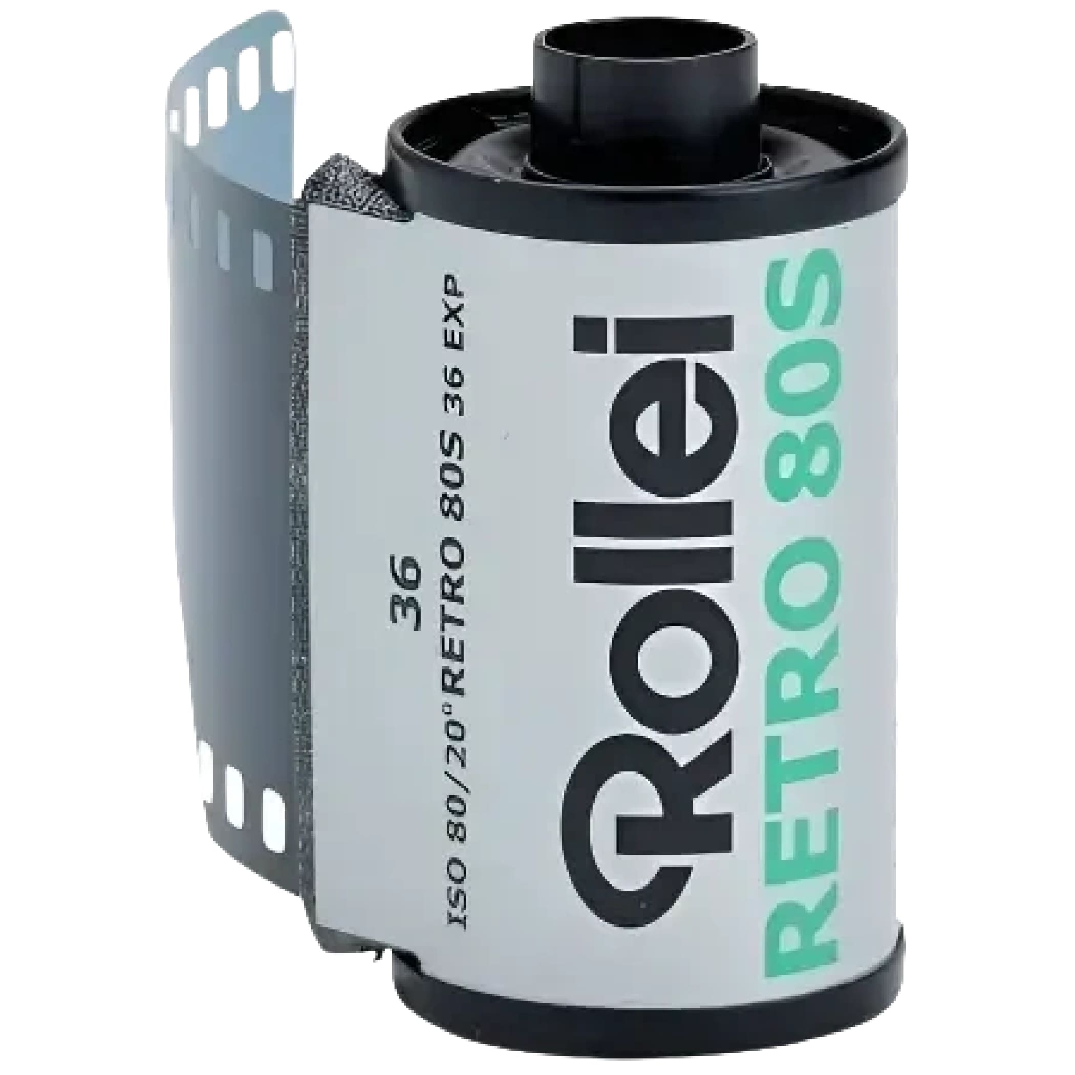 A black and white rollei retro 80s film roll with a silver label, featuring green text for the model name.