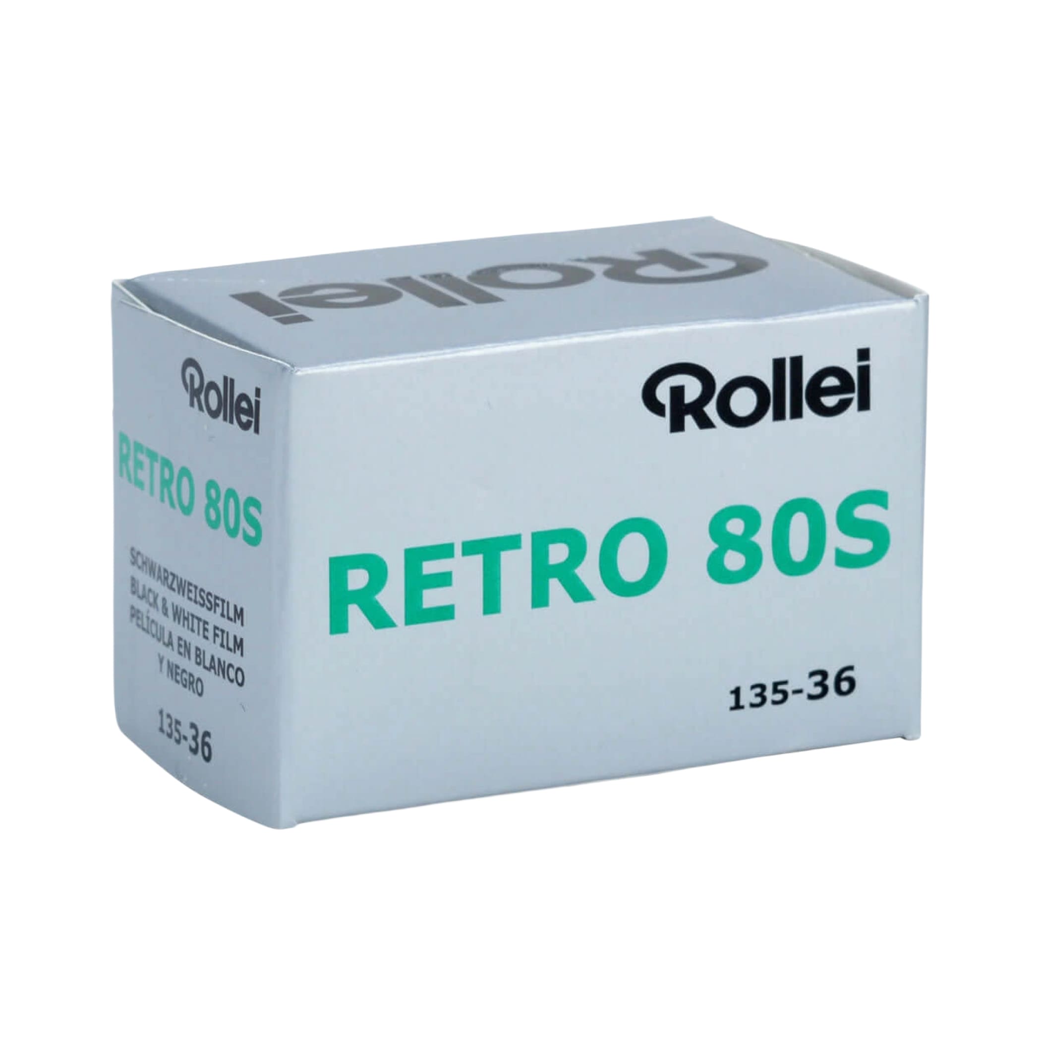 Silver rollei retro 80s black and white film box with green lettering.