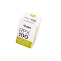 White and lime green box of rollei rpx 100 black-and-white negative film.