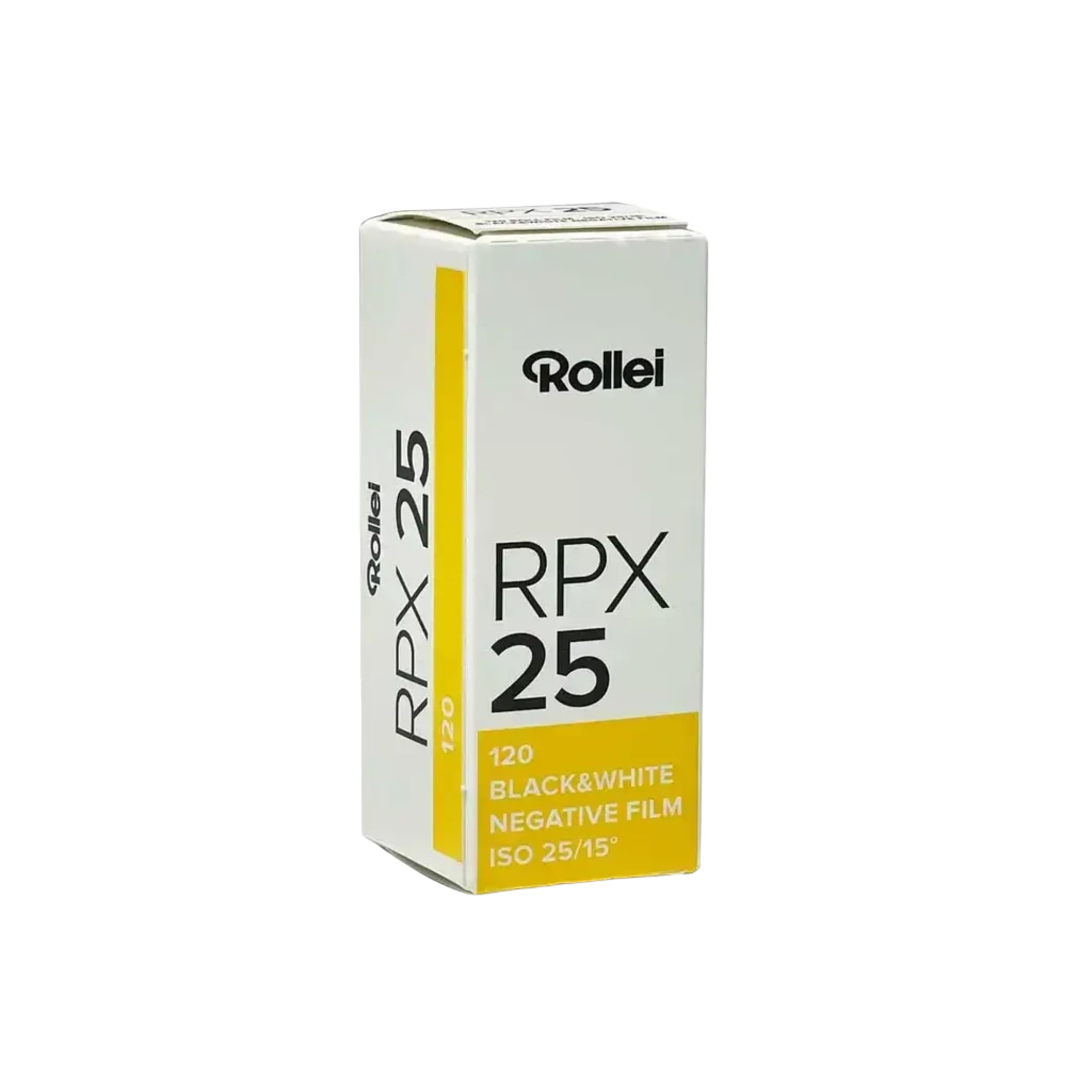 White and yellow rollei rpx 25 film box for black-and-white negative photography.