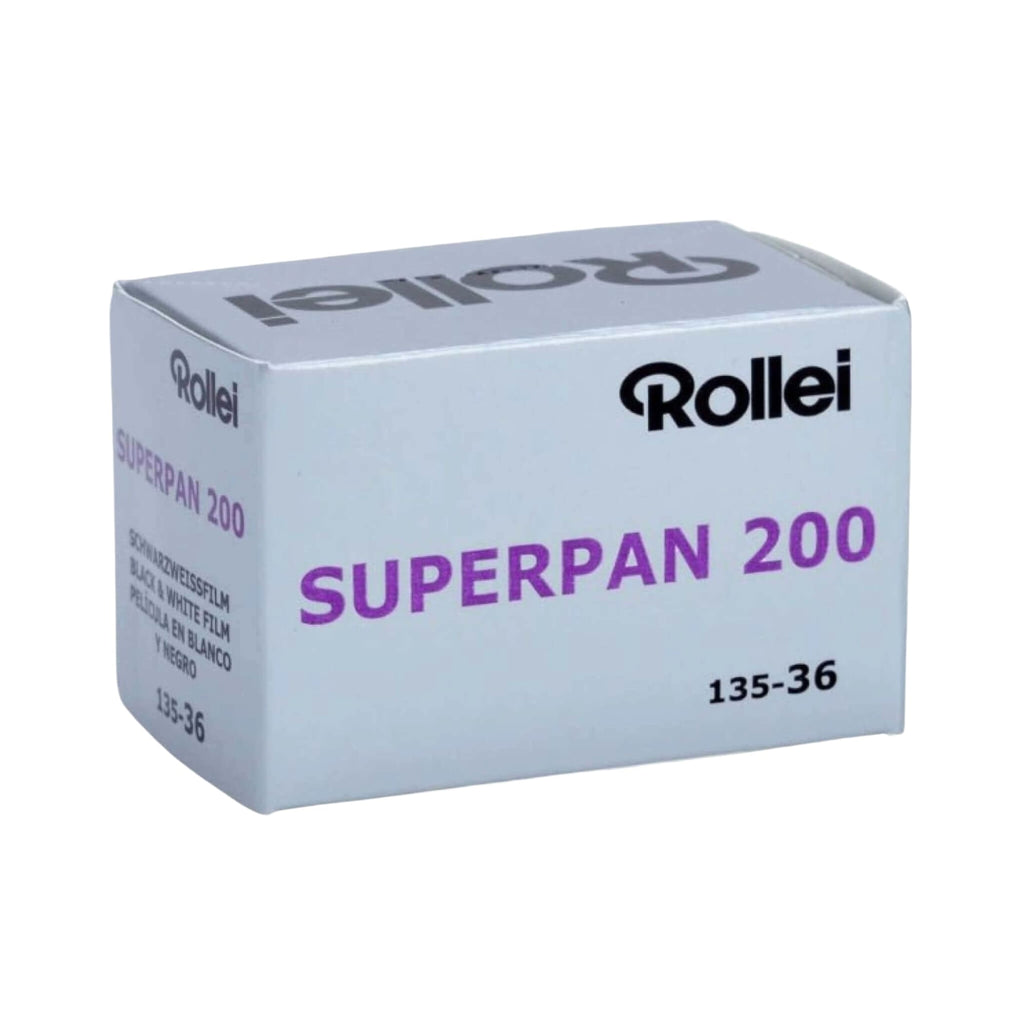 White cardboard box of rollei superpan 200 black and white film, labeled with purple text for the product name and model number.