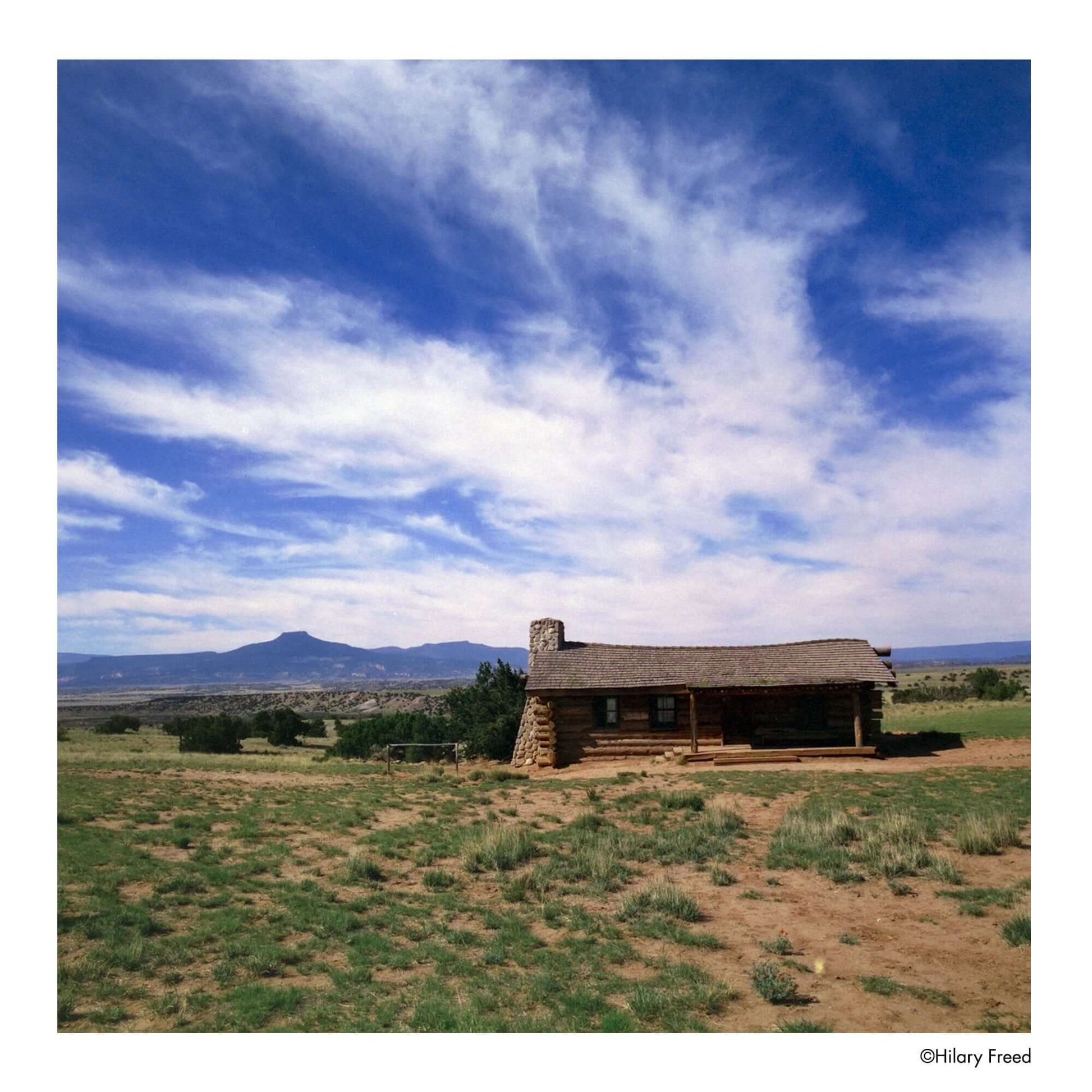 Scenic view of a log cabin in a grassy field with mountains under a blue sky, captured by Hilary Freed.