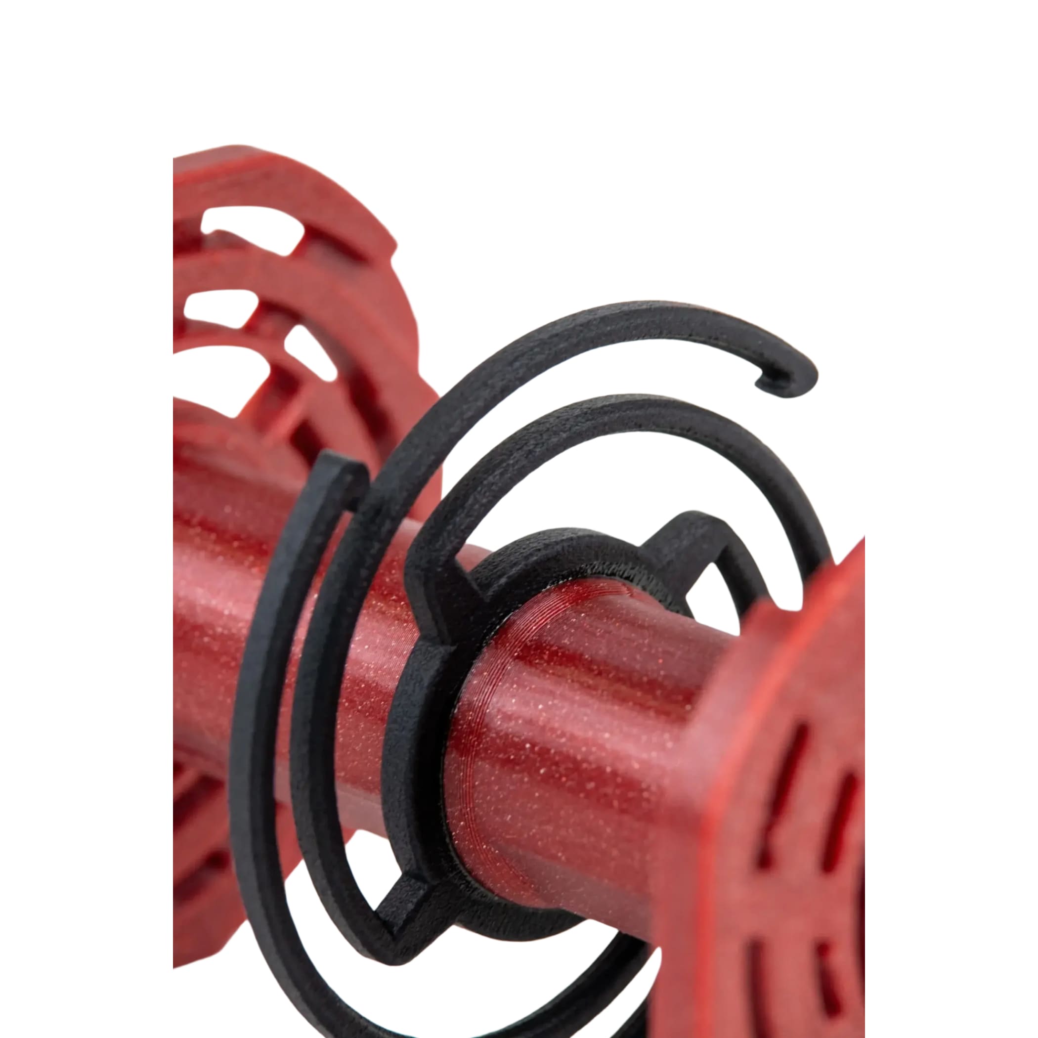 Red and black 3d-printed dumbbell weight holder with a spiral design.
