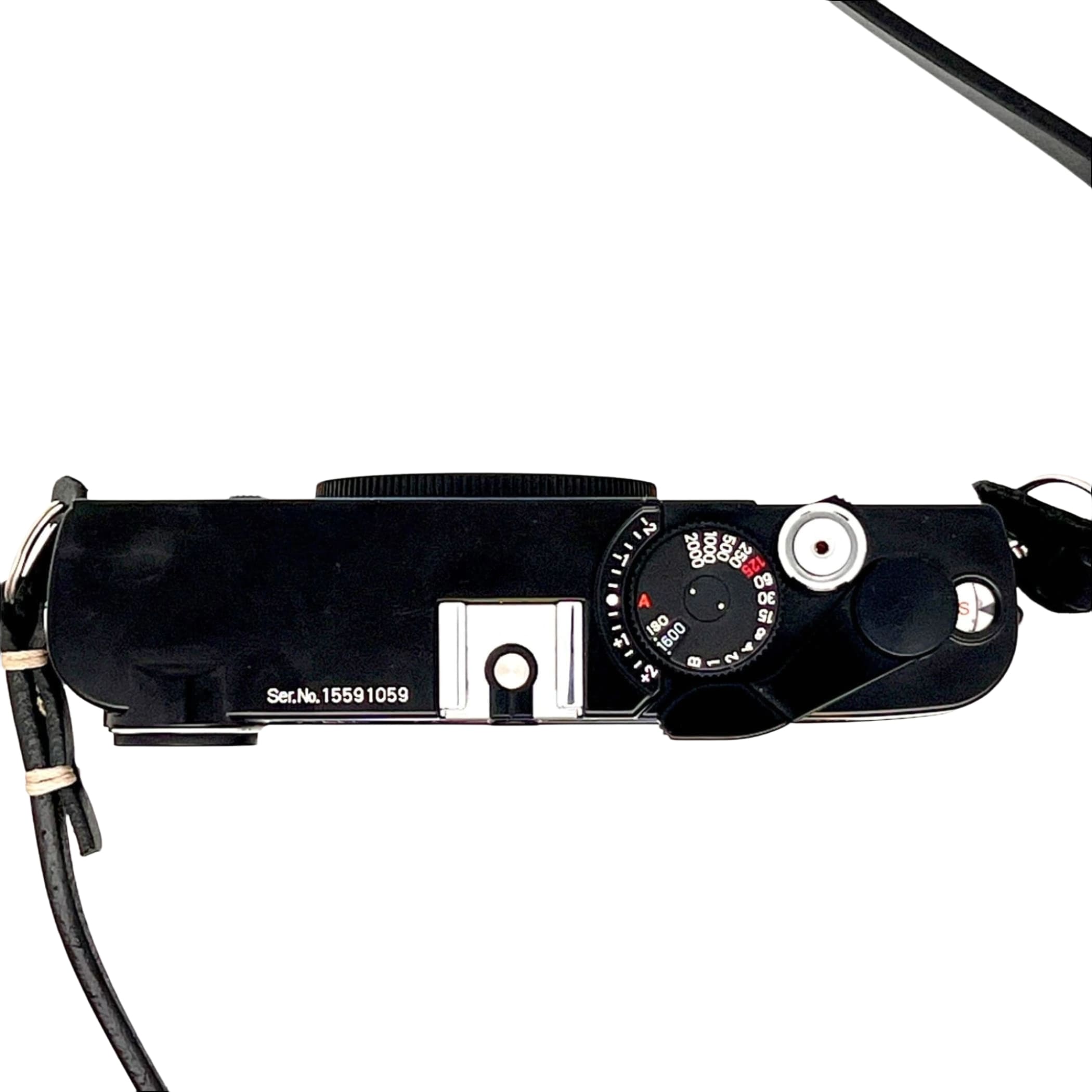 Black leica m10 film camera with a silver shutter speed dial and black leather strap.