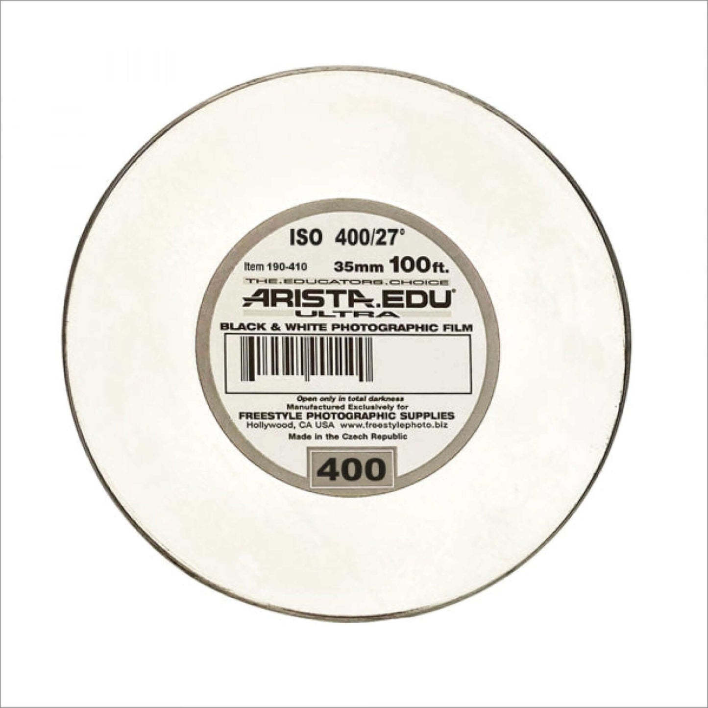 Arista 400 ISO Black & White 35mm 100' bulk photographic film roll, ideal for educators and photography enthusiasts.