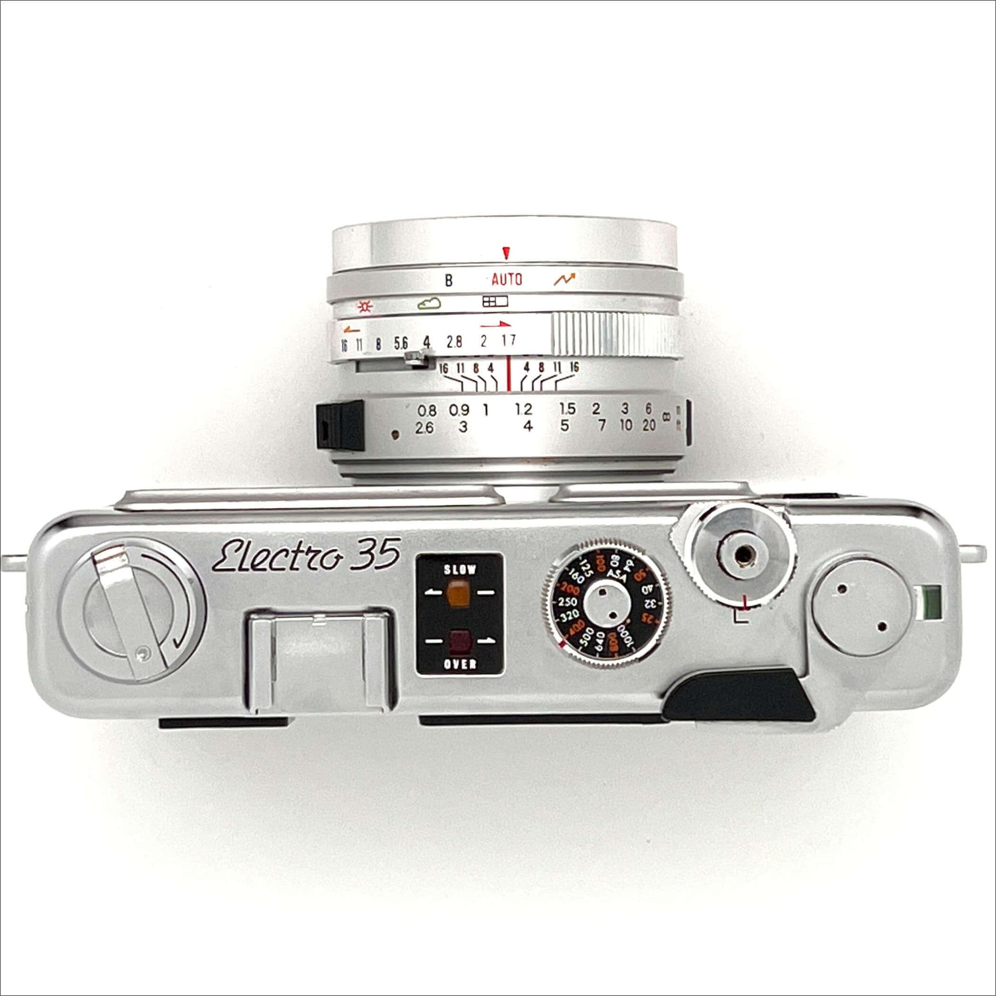 Top view of vintage Electro 35 film camera with manual controls and settings.