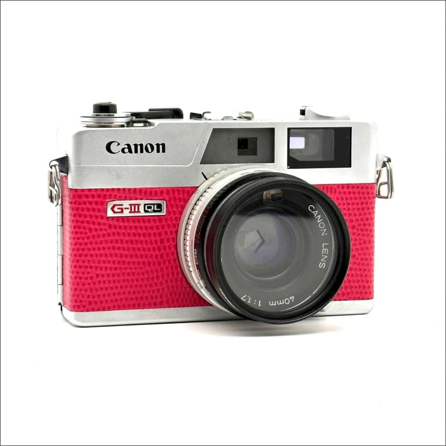 Canon G-III QL vintage film camera with red leather finish and a 40mm lens