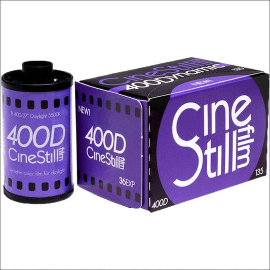 CineStill 400D 36 Exp color film canister and box, ideal for capturing vibrant daylight images.