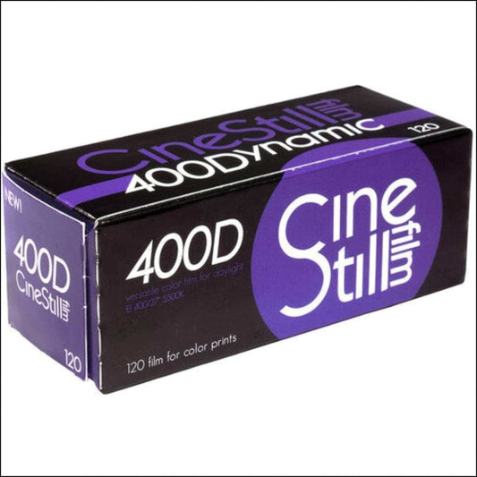 CineStill 400D film box showcasing fine-grain color film for medium format photography.