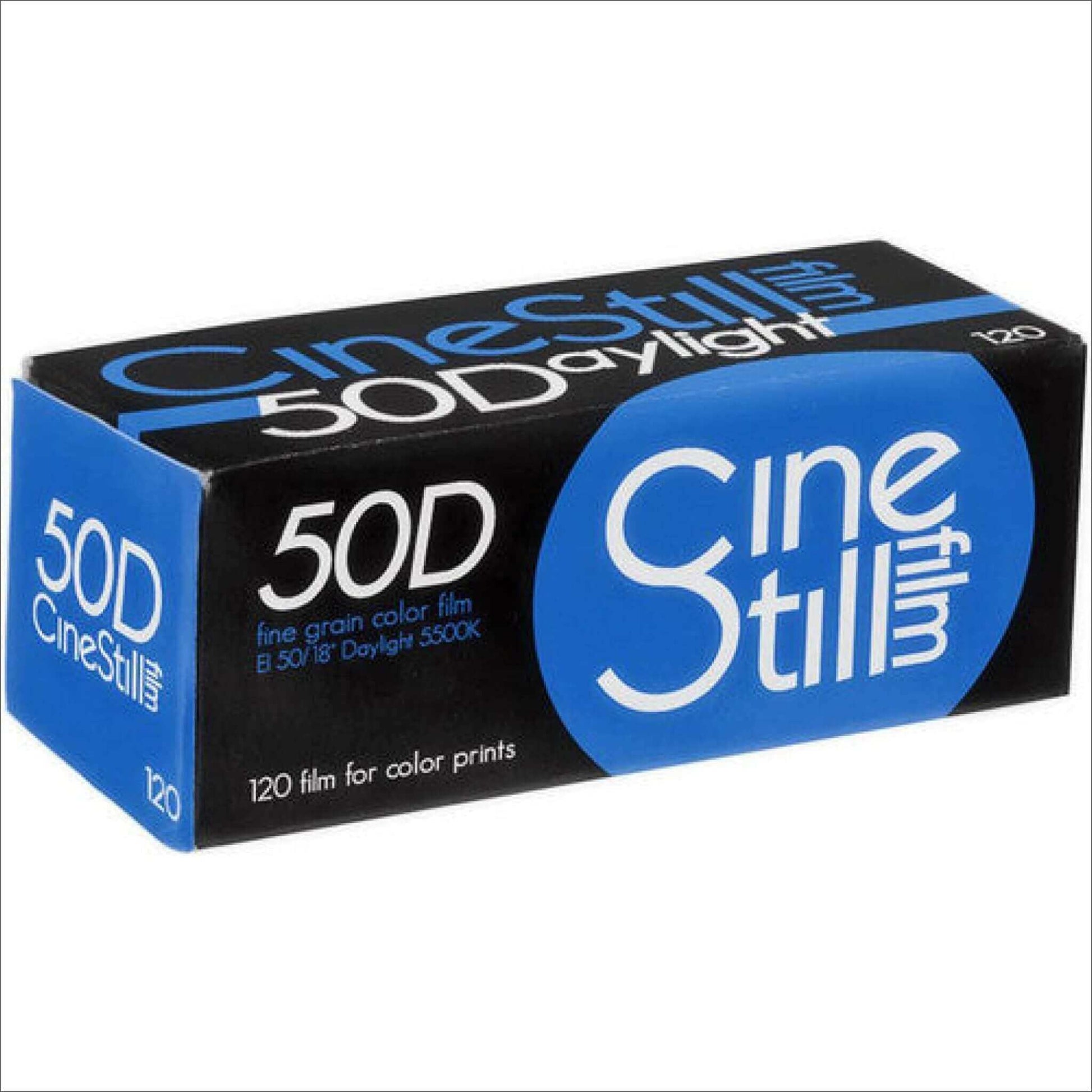Cinestill 50D Color 120 Film box featuring fine grain, ISO 50, daylight balanced, ideal for bright light photography.