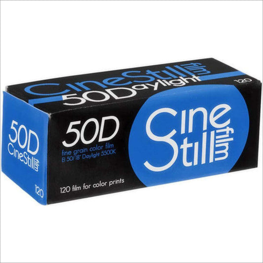 Cinestill 50D Color 120 Film box featuring fine grain, ISO 50, daylight balanced, ideal for bright light photography.