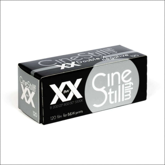 CineStill BwXX 120 black and white film box for negative photography, sensitivity 250 daylight, ideal for versatile exposure.