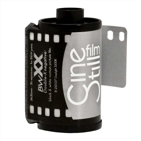 Black and white CineStill film roll for still and motion picture photography in a 35mm format.