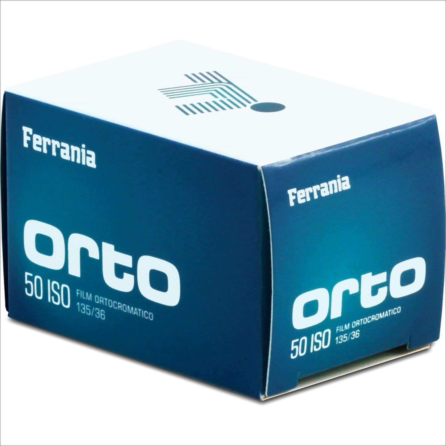 Blue box of Ferrania Orto 50 ISO orthochromatic film 135/36