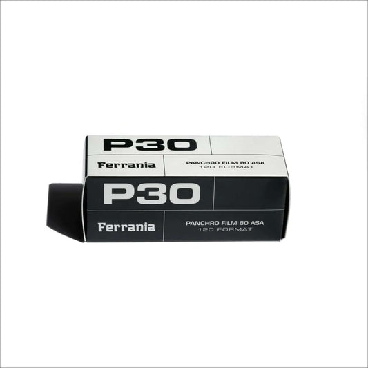 Ferrania P30 pancro film 80 ASA 120 format black and white film packaging.