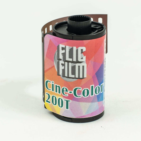 Flic Film 200T ECN-2 35mm cinematic color film with vibrant packaging, ideal for storytelling and vivid imagery.