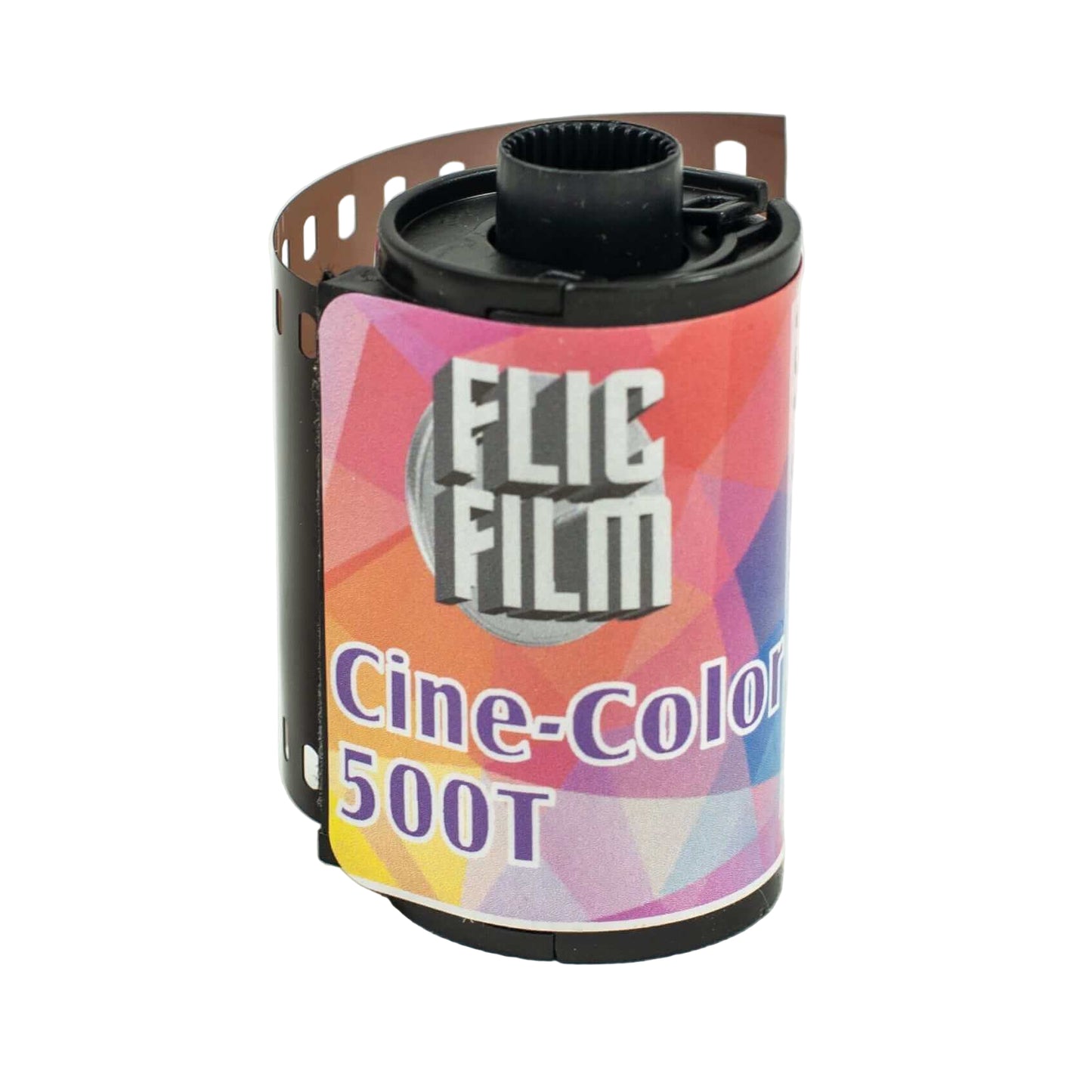 Flic Film CineColor 500T ECN-2 35mm film roll with colorful packaging, designed for optimal color and contrast.