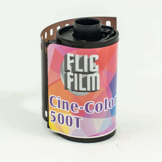 Flic Film CineColor 500T ECN-2 35mm film roll with colorful packaging, designed for optimal color and contrast.