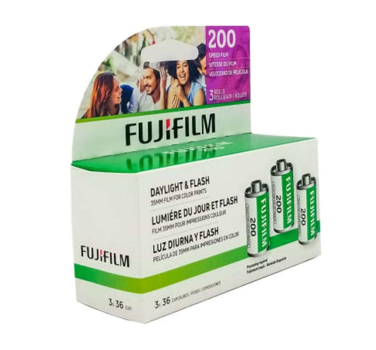 Fujifilm 200 speed 35mm daylight and flash color prints film pack with three rolls of 36 exposures each.