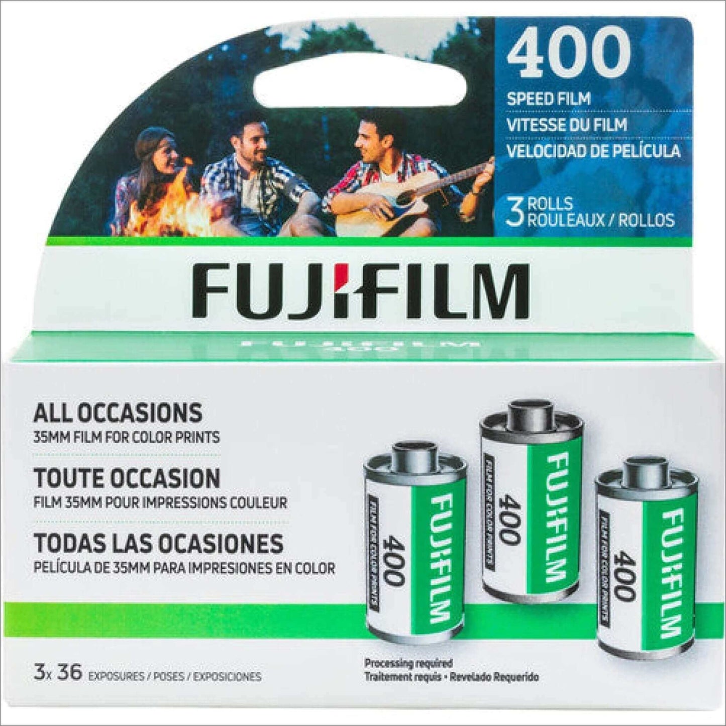 Fujifilm 400 speed film for 35mm color prints, 3 rolls pack, ideal for all occasions with 36 exposures, shown in packaging.