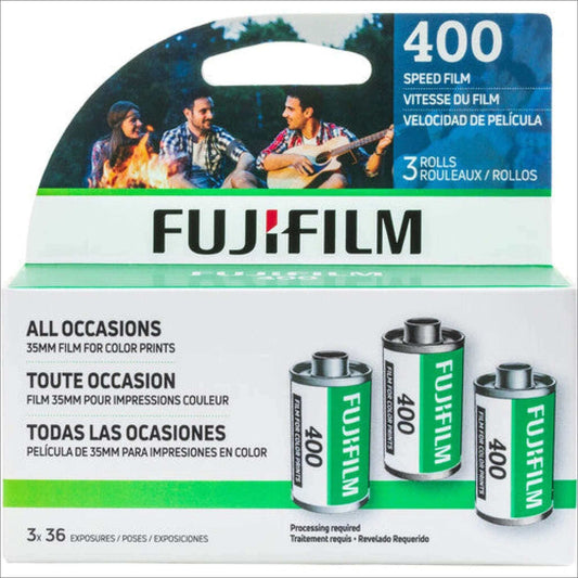 Fujifilm 400 ISO 35mm film pack with 3 rolls for color prints, ideal for all occasions and low-light conditions.