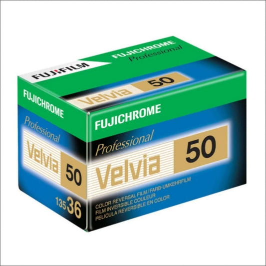 Fujifilm Fujichrome Velvia 50 35mm color reversal film box showcasing vibrant color quality and professional-grade performance.