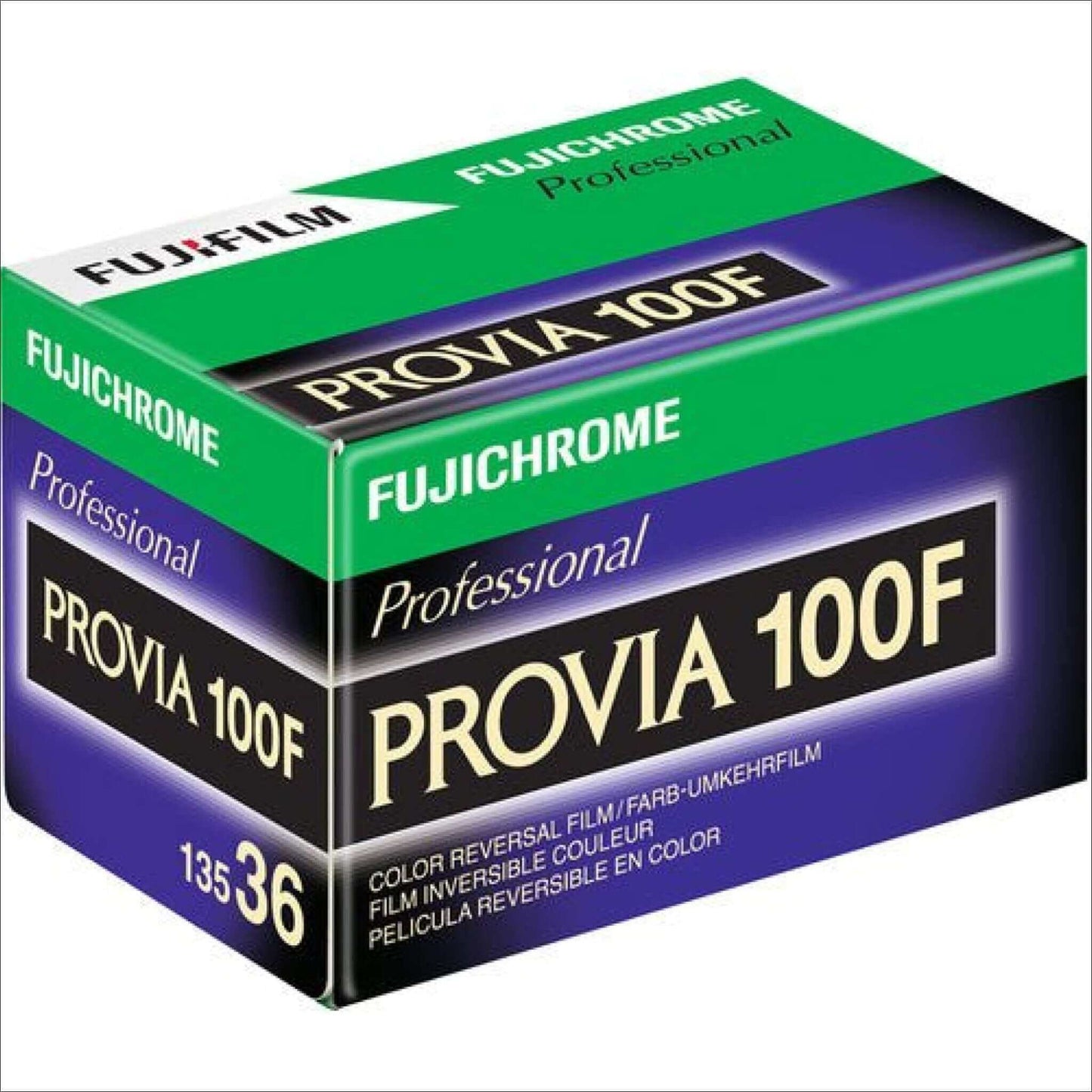 Fujifilm Fujichrome Provia 100F 35mm color reversal film package, ISO 100, designed for vivid colors and fine grain.