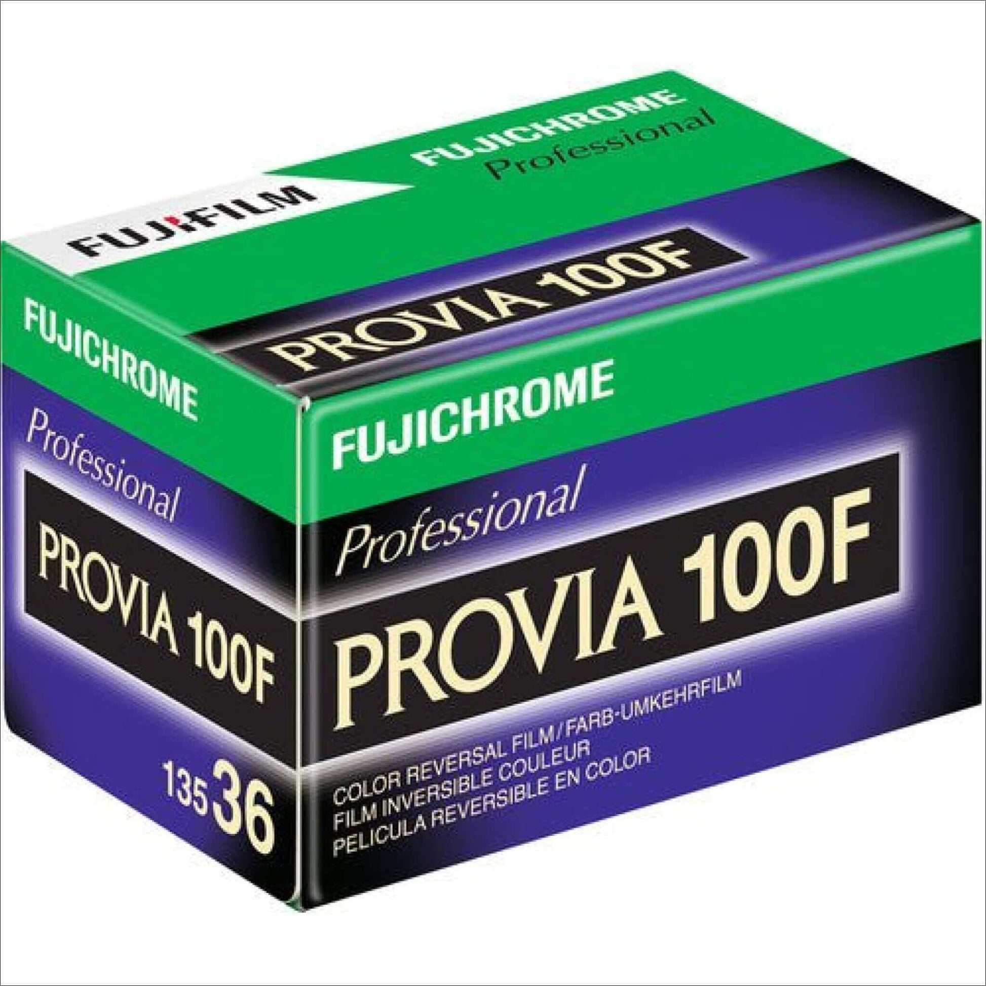 Fujifilm Fujichrome Provia 100F 35mm color reversal film package, ISO 100, designed for vivid colors and fine grain.
