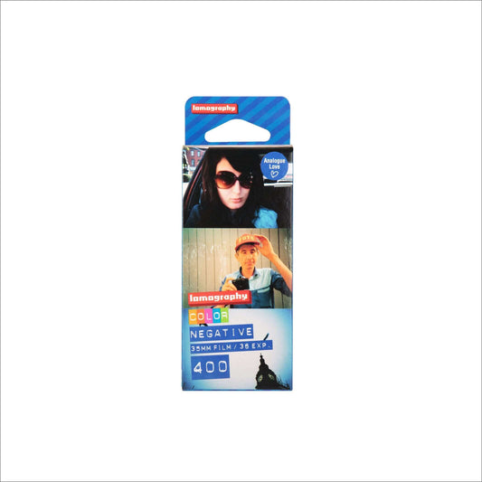 Lomography Color Negative 400 35mm film, 36 exposures, packaging with photos of people wearing sunglasses and hat, blue background