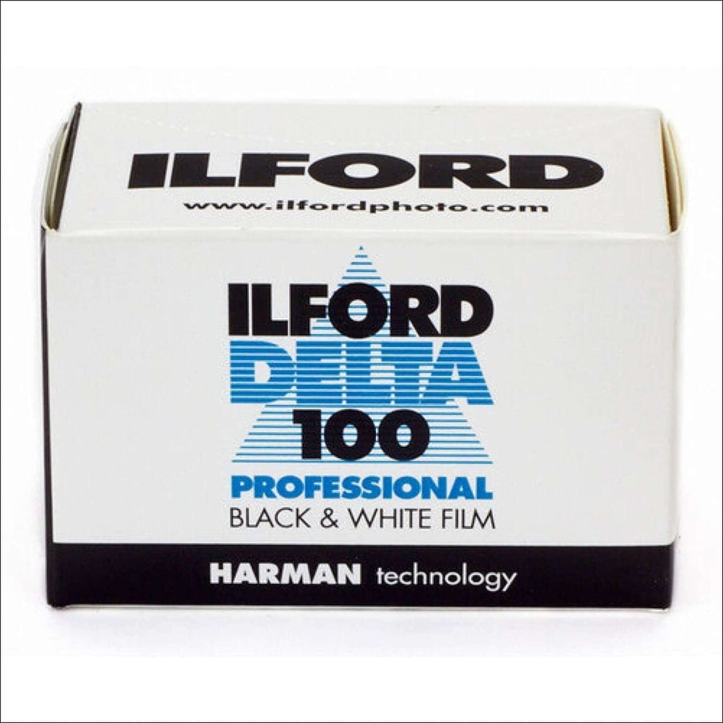 Ilford Delta 100 Professional black and white film box with Harman technology, 35mm, ISO 100, 36 exposures.