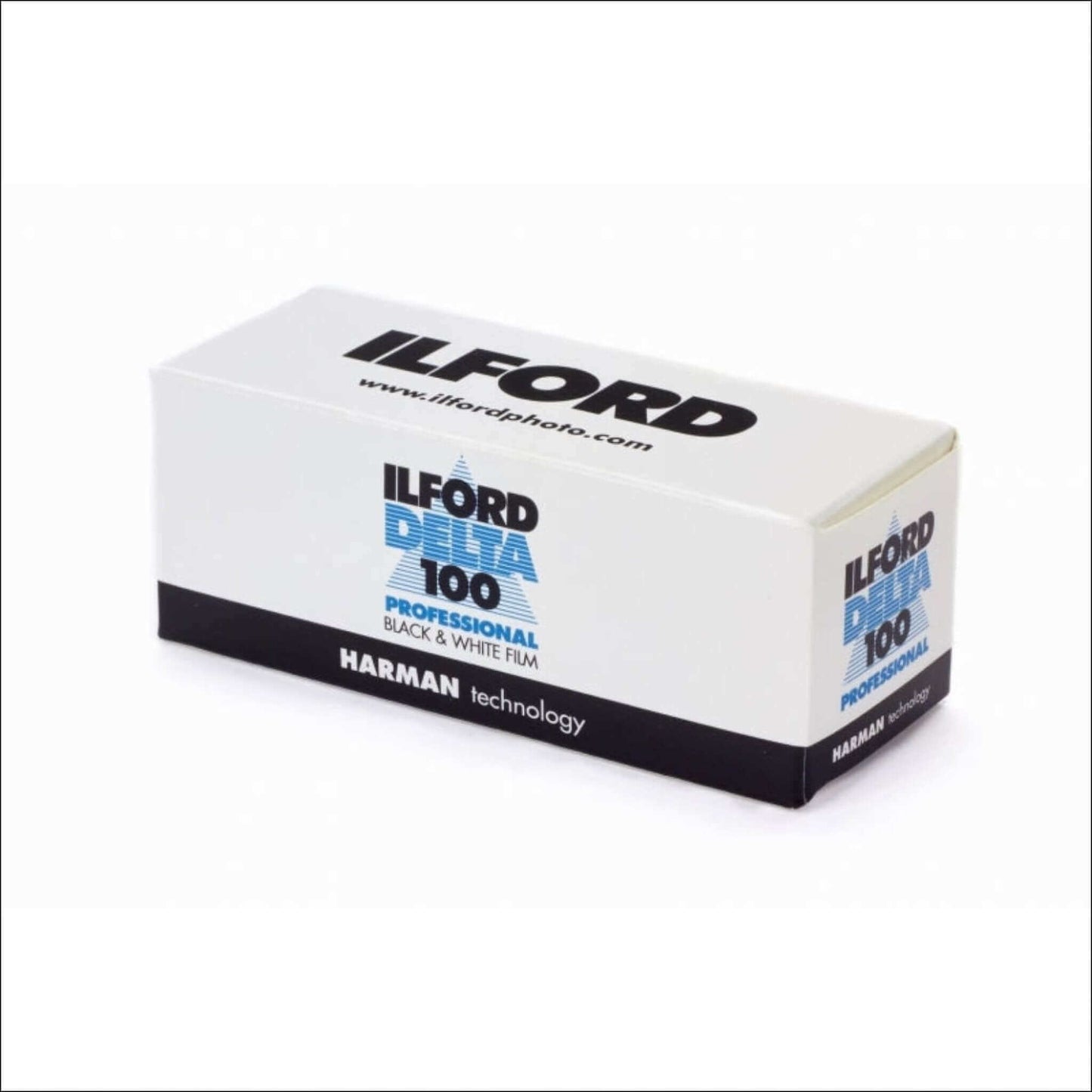Ilford Delta Pro 100 ISO black and white film box showcasing sharp results with fine grain structure.
