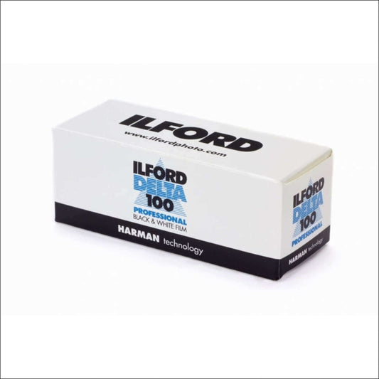 Ilford Delta Pro 100 ISO black and white film box showcasing sharp results with fine grain structure.