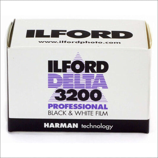 Ilford Delta 3200 Professional black and white film packaging for high-speed photography, ISO 3200 sensitivity.