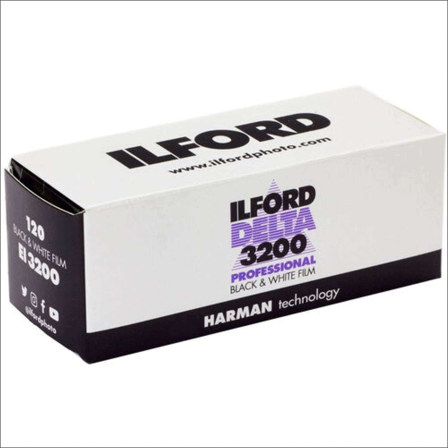 Ilford Delta 3200 Pro black and white 120 film box, ideal for low light photography and fast-moving subjects.