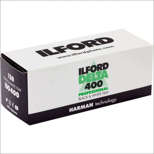 Ilford Delta Pro 400 ISO Black & White 120 film packaging showcasing professional quality for medium format photography.