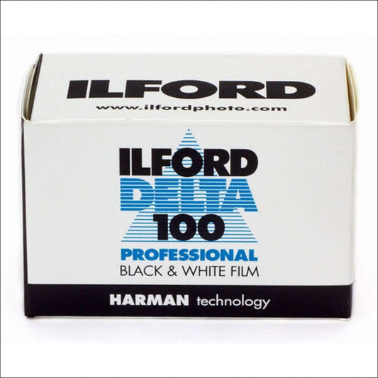 Ilford Delta 100 Professional black and white film box, by Harman Technology.