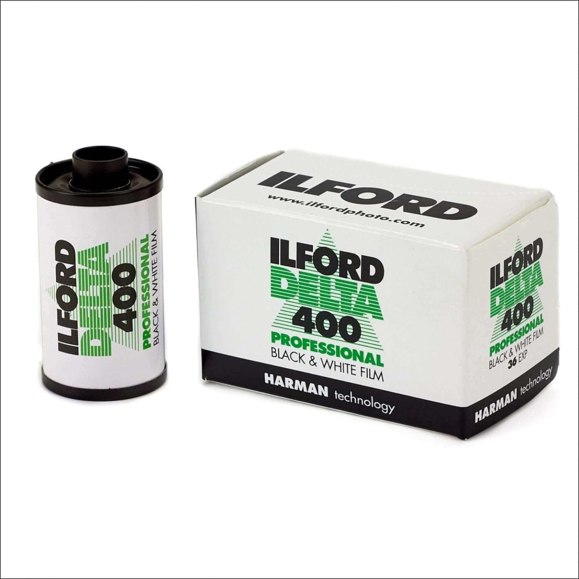 Ilford Delta Pro 400 Iso Black & White 35mm film with packaging, high-speed ISO 400 for exceptional sharpness.