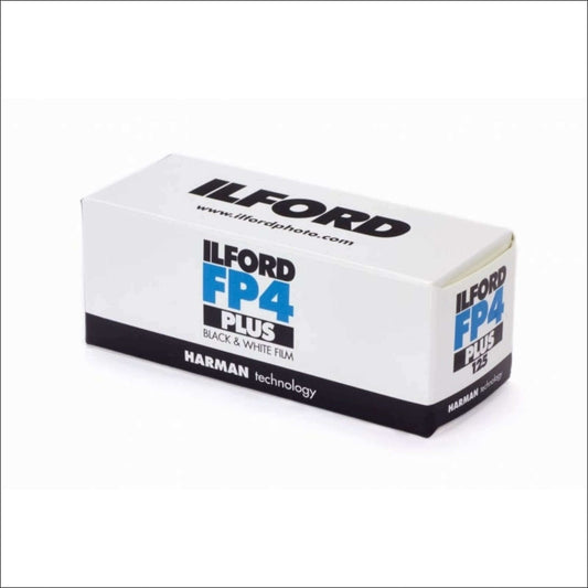 Ilford FP4 Plus black and white film box for 35mm photography.