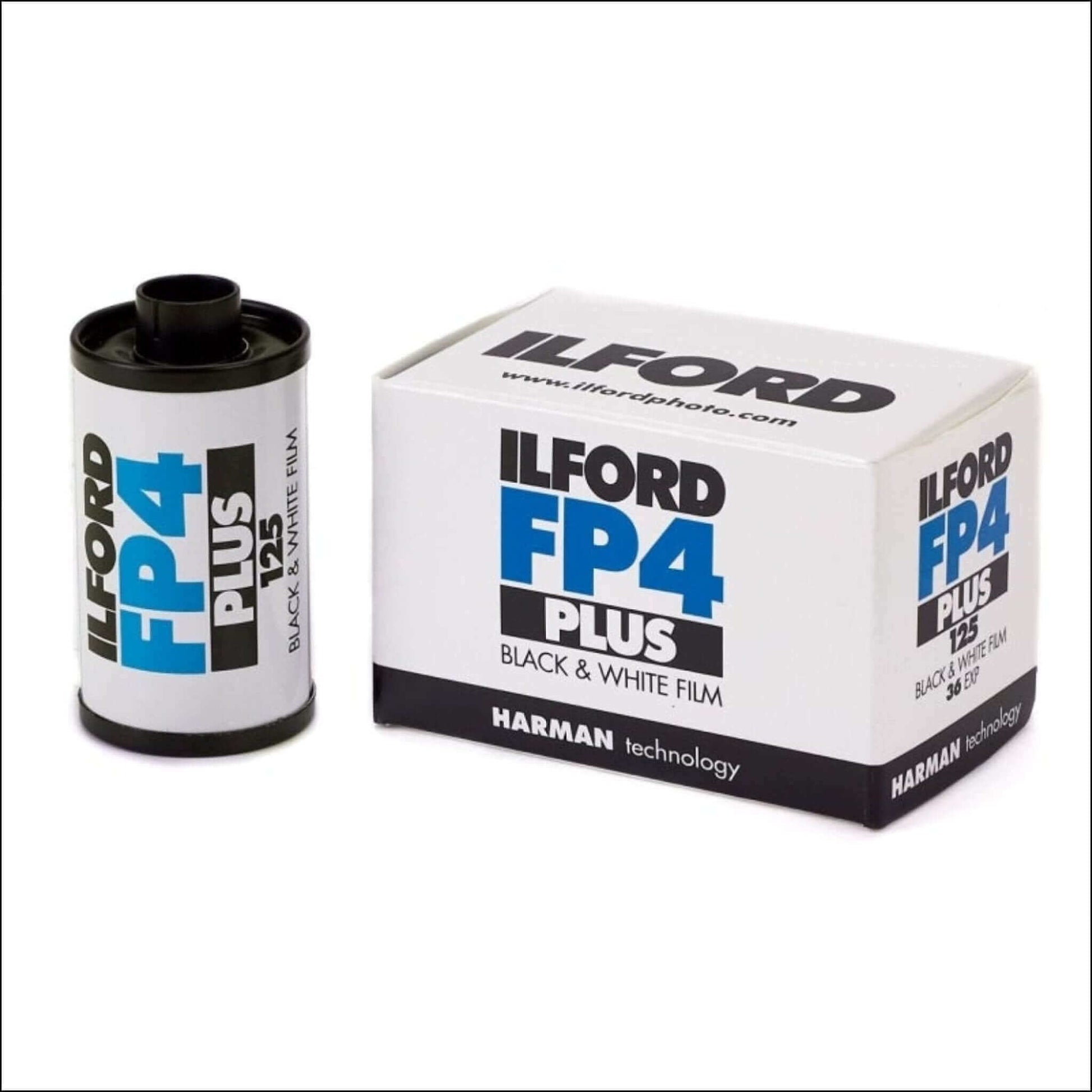 Ilford FP4 Plus black and white film roll and box, ISO 125, perfect for high-quality monochrome photography.