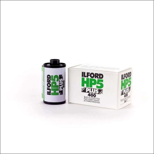 Ilford HP5 Plus 400 ISO Black and White 35mm film roll and box for high-speed photography.