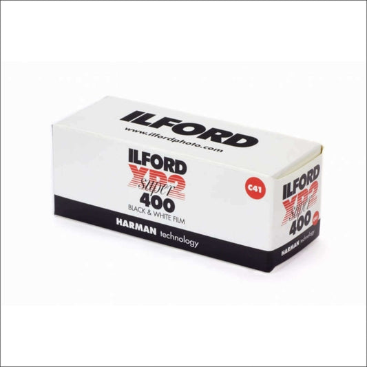 Box of Ilford XP2 400 black and white film for photography by Harman technology