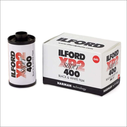 Ilford XP2 Super 400 black and white film roll and packaging box