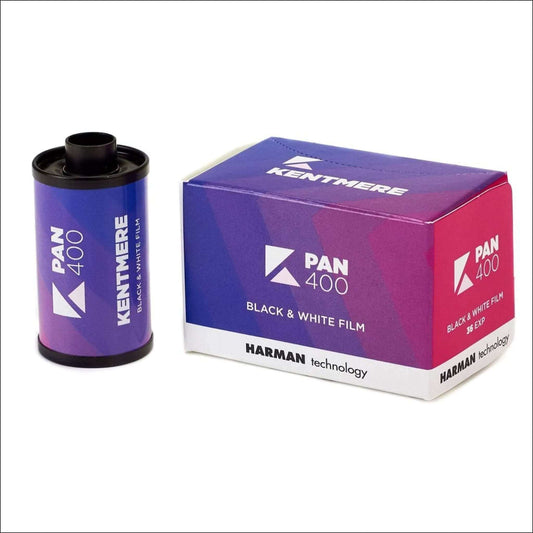 Kentmere PAN 400 black and white film roll and box by Harman technology