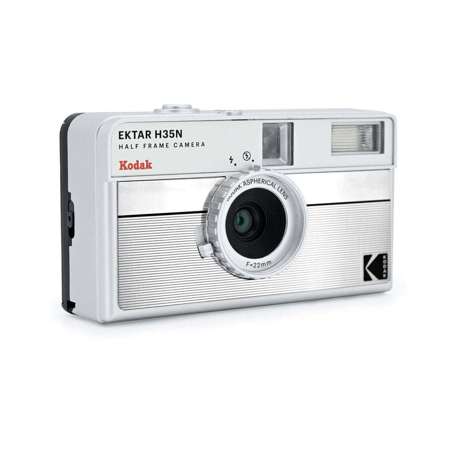 Kodak Ektar H35N half-frame camera with aspherical lens, showcasing classic design in silver finish.